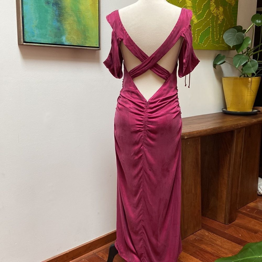 For Love & Lemons Beth Midi Dress Dark Magenta Pink w Draped Sleeves Large NWT - Picture 8 of 12